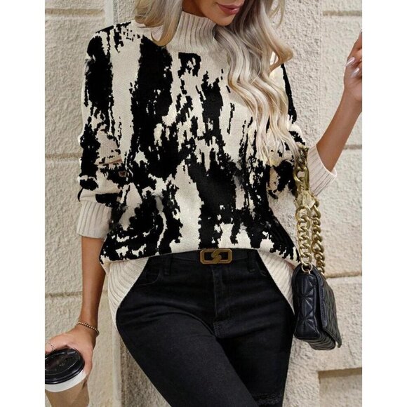 Chic Colorblock High Neck  Drop Shoulder Pullovers - Picture 3 of 6